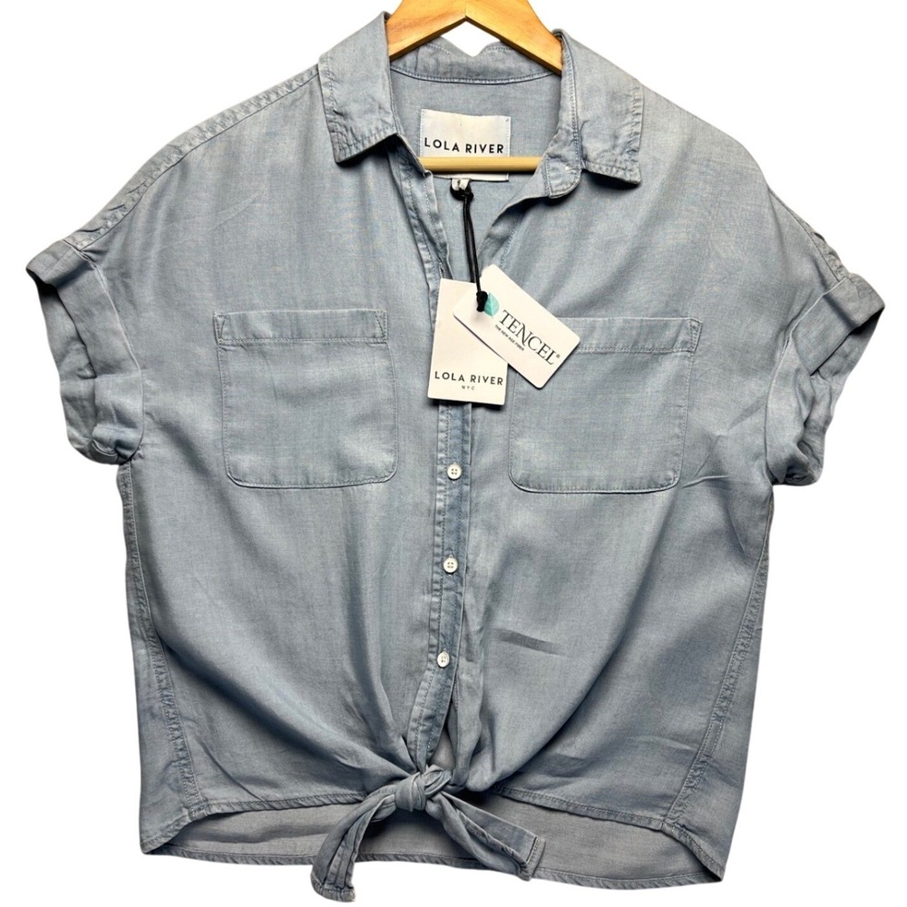 LOLA RIVER‎ Cleo Sun Bleached Chambray Tie Front Shirt Top NWT Tencel Coastal S